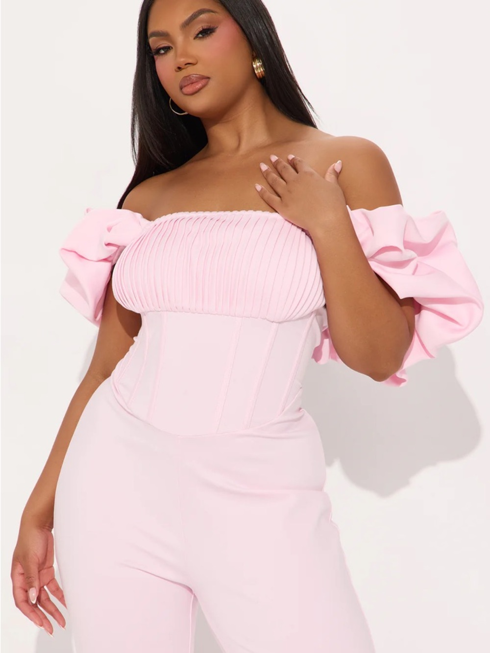 Fashion Nova Pink Off-Shoulder Puff Sleeve Jumpsuit - Picture 2 of 3